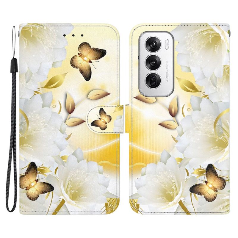 Flip Cover Oppo Reno 12 5g Gyldne Sommerfugle Og Blomster Med Rem