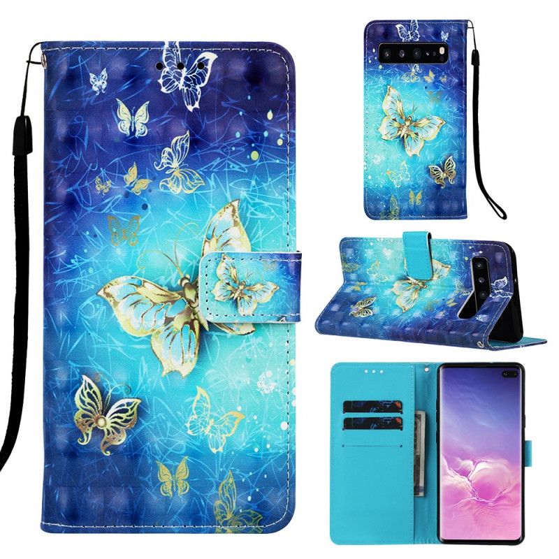 Flip Cover Læder for Samsung Galaxy S10 5G Gyldne Sommerfugle