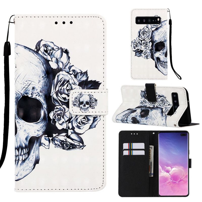 Flip Cover Læder for Samsung Galaxy S10 5G Hvid Blomstret Kranium