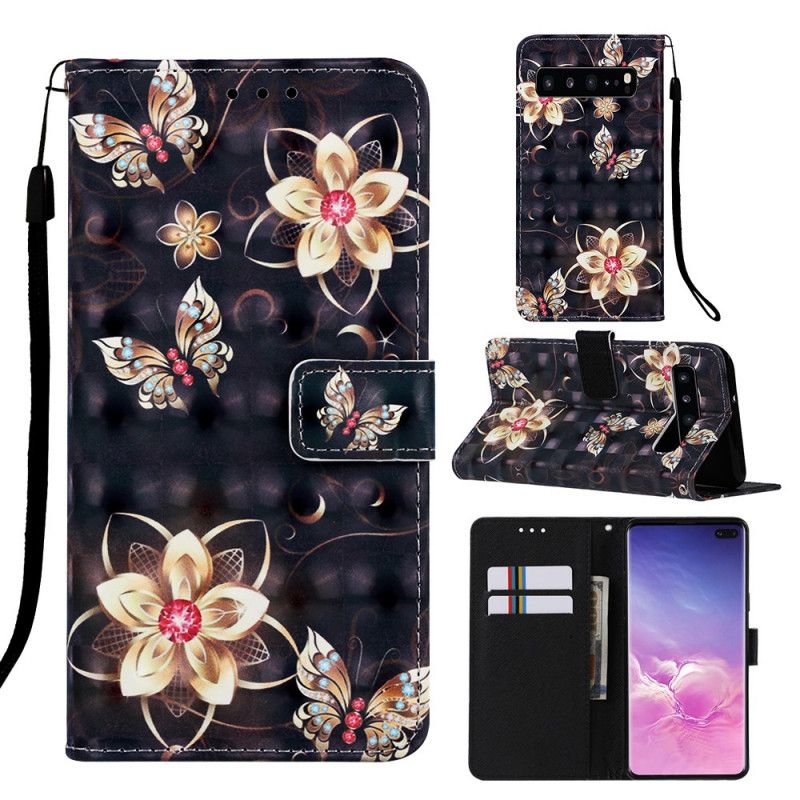 Flip Cover Læder Samsung Galaxy S10 5G Gyldne Blomster