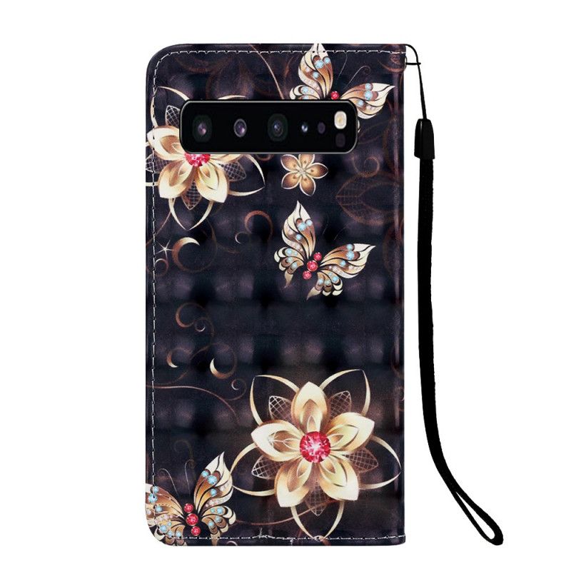 Flip Cover Læder Samsung Galaxy S10 5G Gyldne Blomster