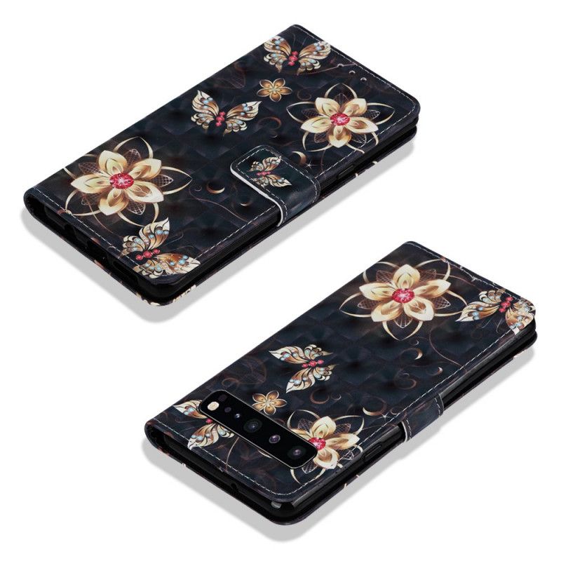 Flip Cover Læder Samsung Galaxy S10 5G Gyldne Blomster