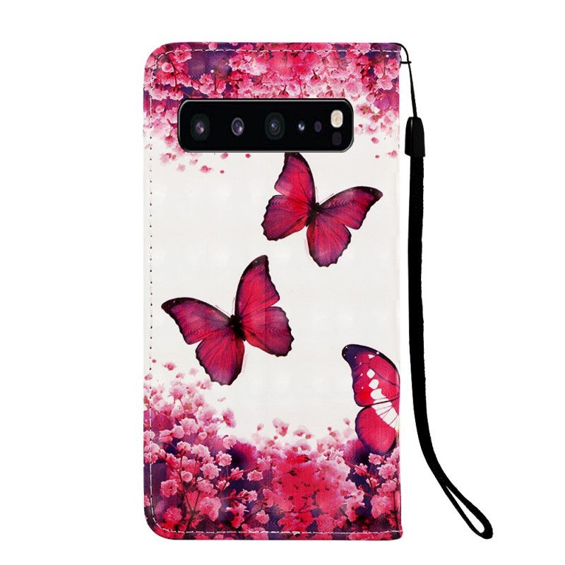 Flip Cover Læder Samsung Galaxy S10 5G Røde Sommerfugle