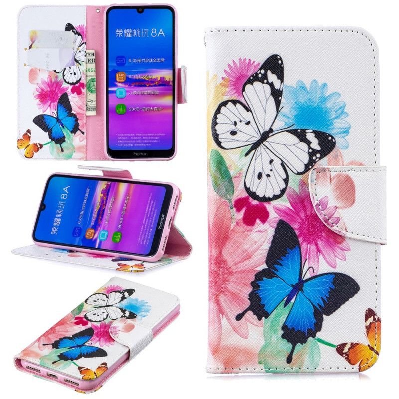 Flip Cover Læder Honor 8A Magenta Malede Sommerfugle Og Blomster Original