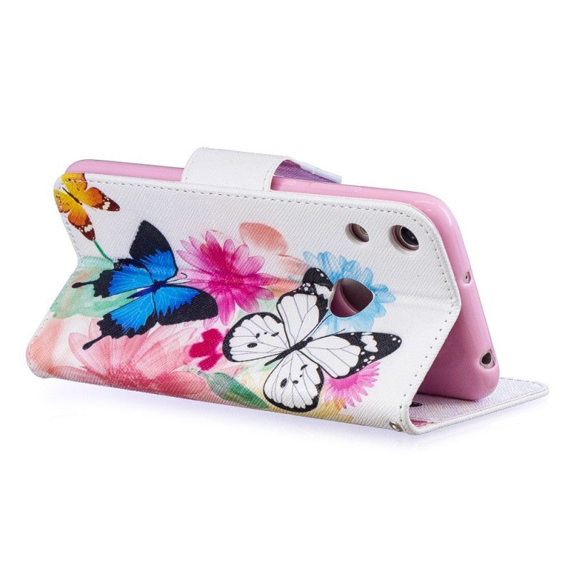 Flip Cover Læder Honor 8A Magenta Malede Sommerfugle Og Blomster Original