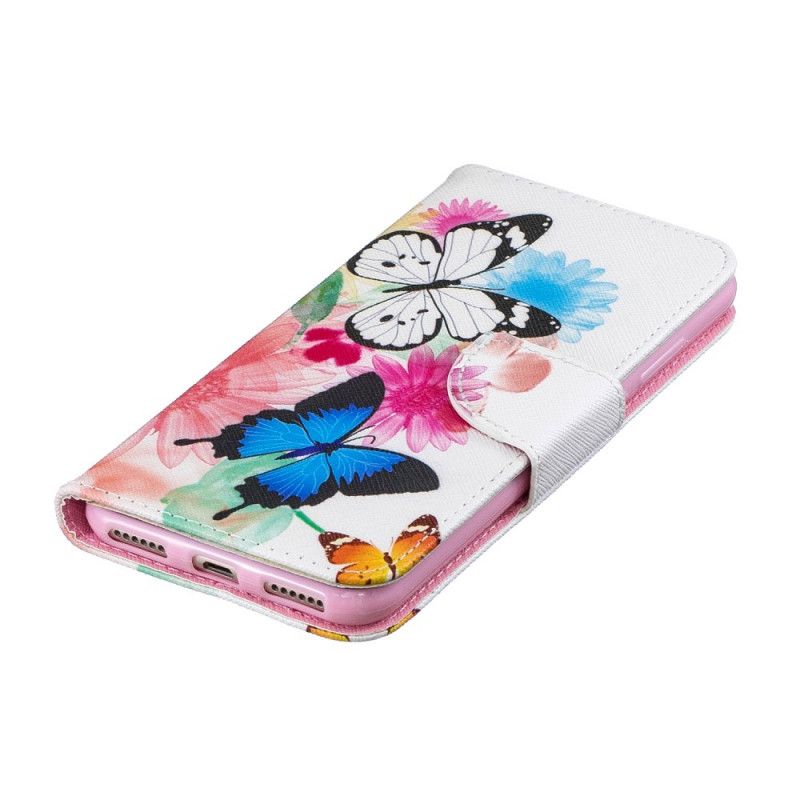 Flip Cover Læder Honor 8A Magenta Malede Sommerfugle Og Blomster Original