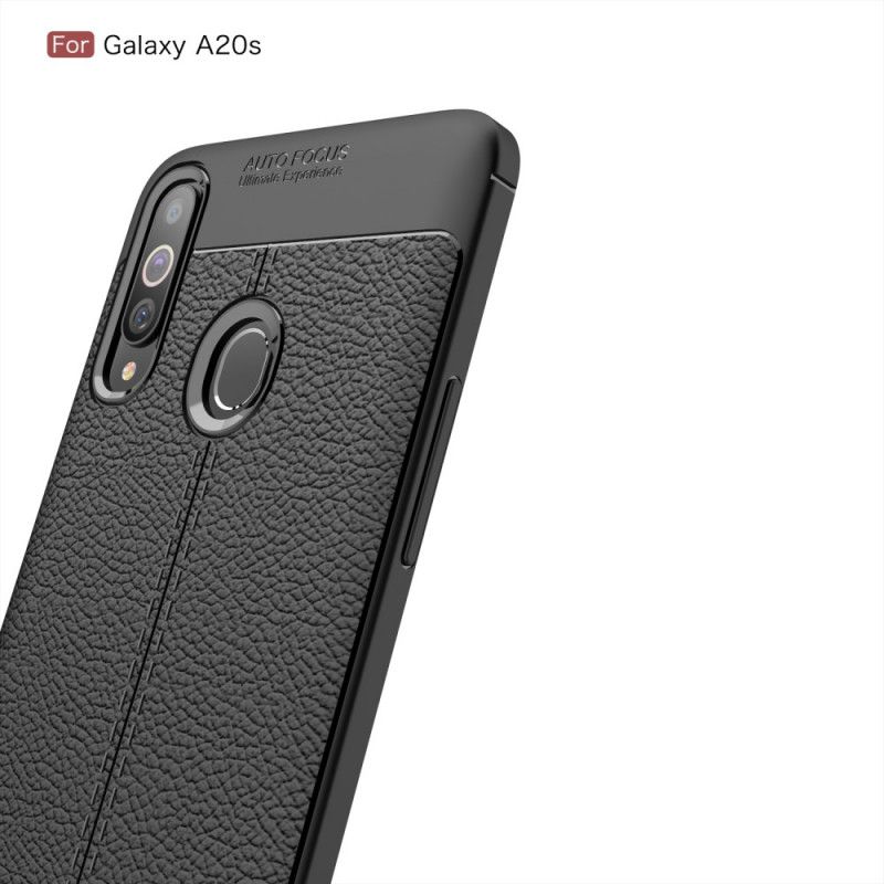 Cover Samsung Galaxy A20s Sort Dobbeltlinjet Lychee-Lædereffekt