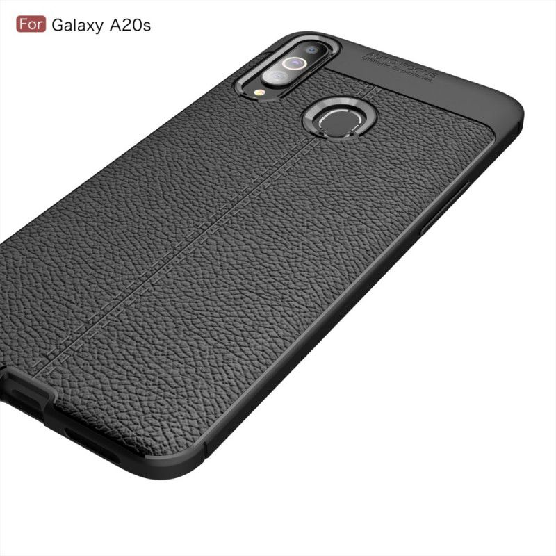 Cover Samsung Galaxy A20s Sort Dobbeltlinjet Lychee-Lædereffekt