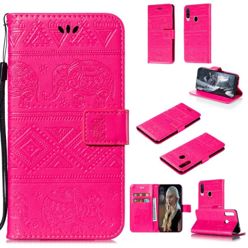 Flip Cover Læder for Samsung Galaxy A20s Magenta Elefanter I Kunstlæder