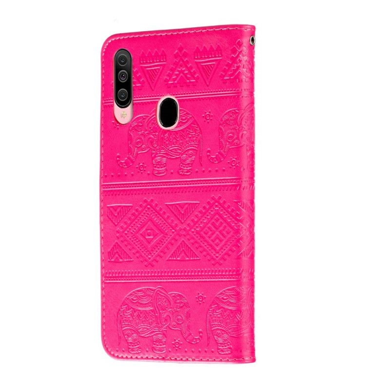 Flip Cover Læder for Samsung Galaxy A20s Magenta Elefanter I Kunstlæder