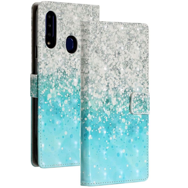 Flip Cover Læder Samsung Galaxy A20s Gradientblåt Glitter Original