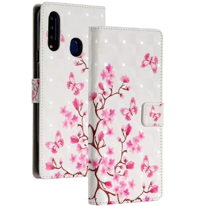 Flip Cover Læder Samsung Galaxy A20s Lyserøde Blomster Og Sommerfugle Beskyttelse