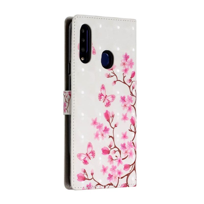 Flip Cover Læder Samsung Galaxy A20s Lyserøde Blomster Og Sommerfugle Beskyttelse