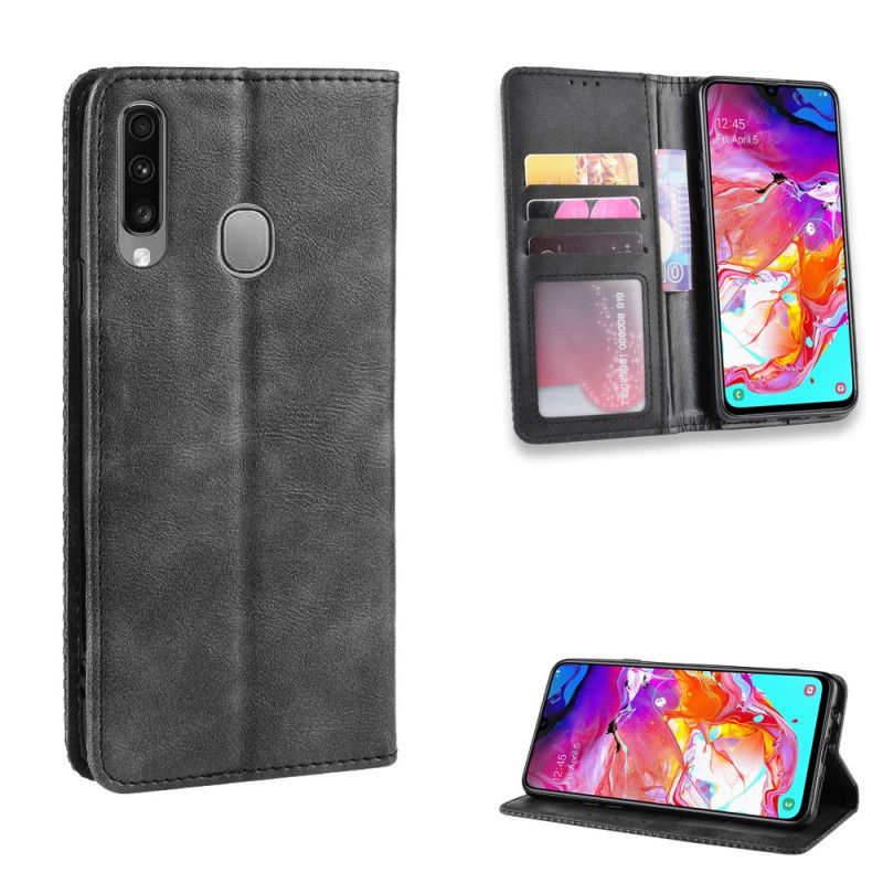 Læder Cover Samsung Galaxy A20s Sort Stiliseret Vintage Lædereffekt Beskyttelse