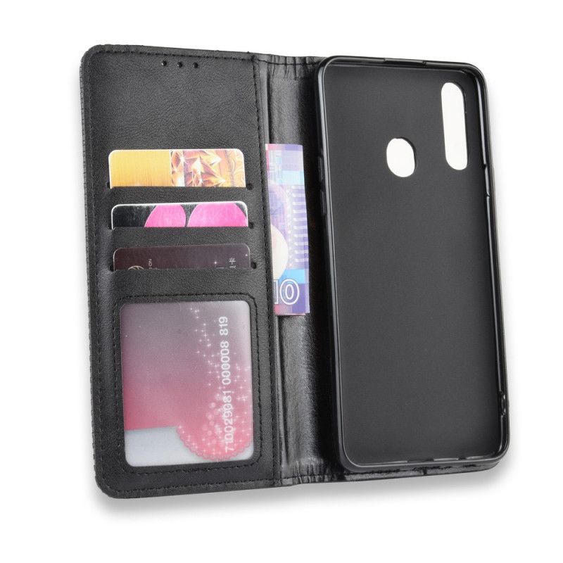 Læder Cover Samsung Galaxy A20s Sort Stiliseret Vintage Lædereffekt Beskyttelse