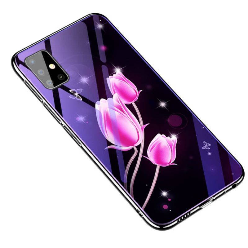 Cover Samsung Galaxy A51 Lyserød Hærdet Glas Og Blomstret Silikone Beskyttelse