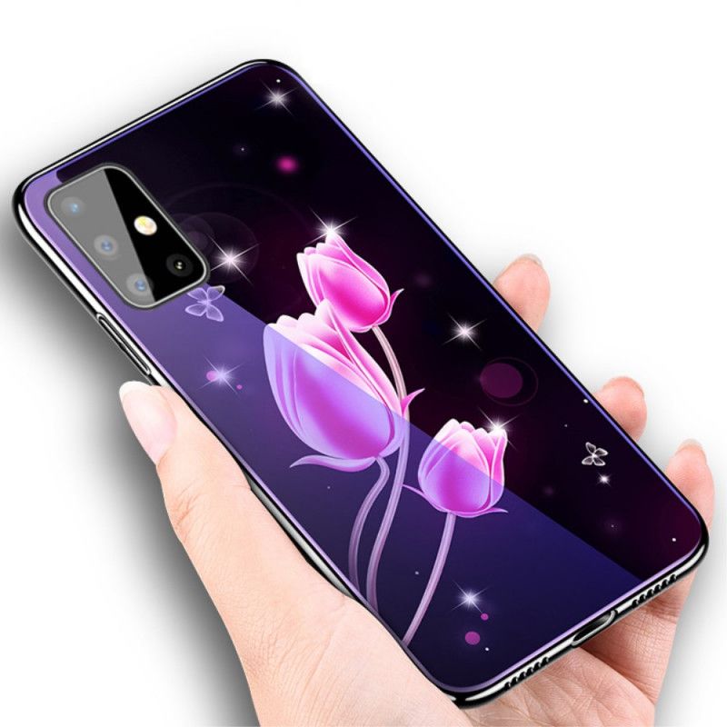 Cover Samsung Galaxy A51 Lyserød Hærdet Glas Og Blomstret Silikone Beskyttelse