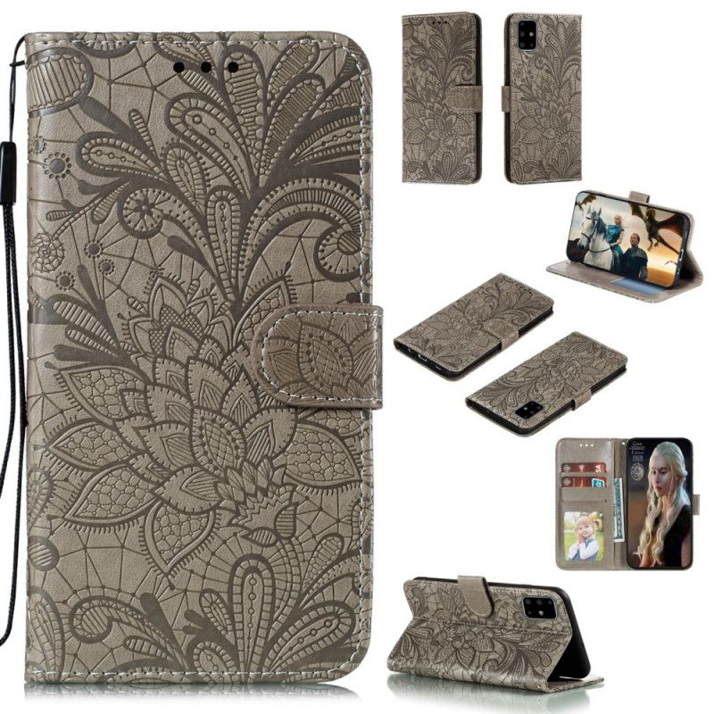 Flip Cover Læder Samsung Galaxy A51 Grå Tribal Thong Blomster