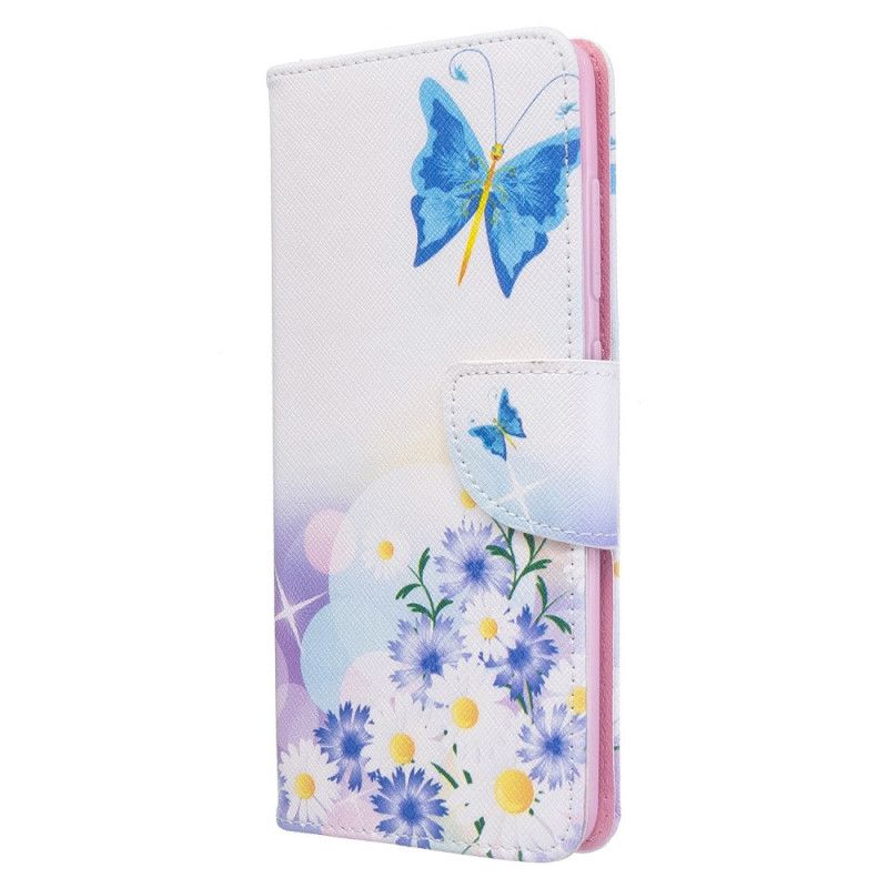 Flip Cover Læder Samsung Galaxy A51 Magenta Malede Sommerfugle Og Blomster