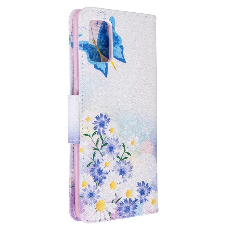 Flip Cover Læder Samsung Galaxy A51 Magenta Malede Sommerfugle Og Blomster