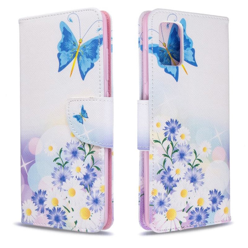 Flip Cover Læder Samsung Galaxy A51 Magenta Malede Sommerfugle Og Blomster