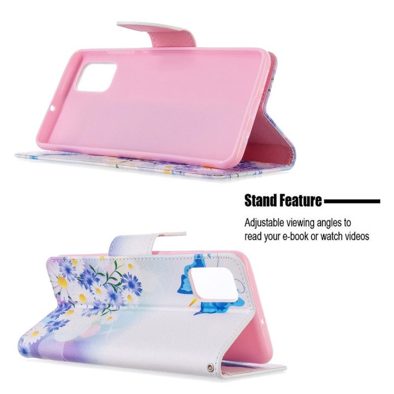 Flip Cover Læder Samsung Galaxy A51 Magenta Malede Sommerfugle Og Blomster