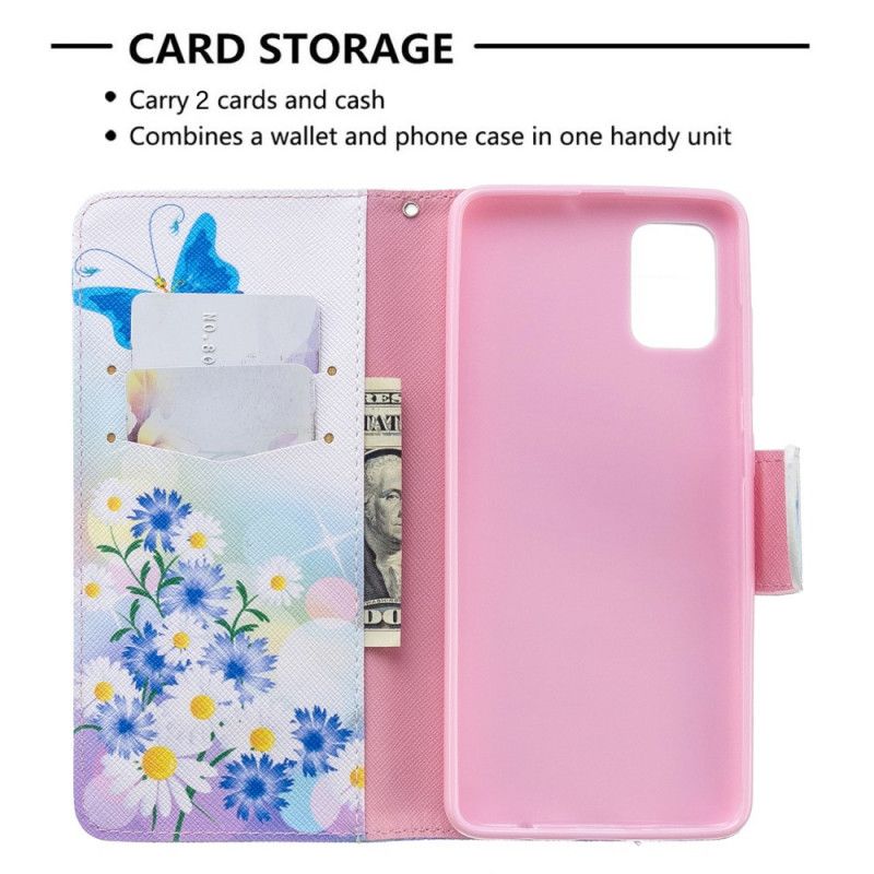 Flip Cover Læder Samsung Galaxy A51 Magenta Malede Sommerfugle Og Blomster