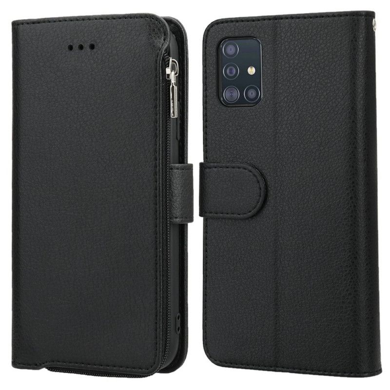 Flip Cover Læder Samsung Galaxy A51 Sort Mikrofiberlommer Med Lynlås I Læderstil Original