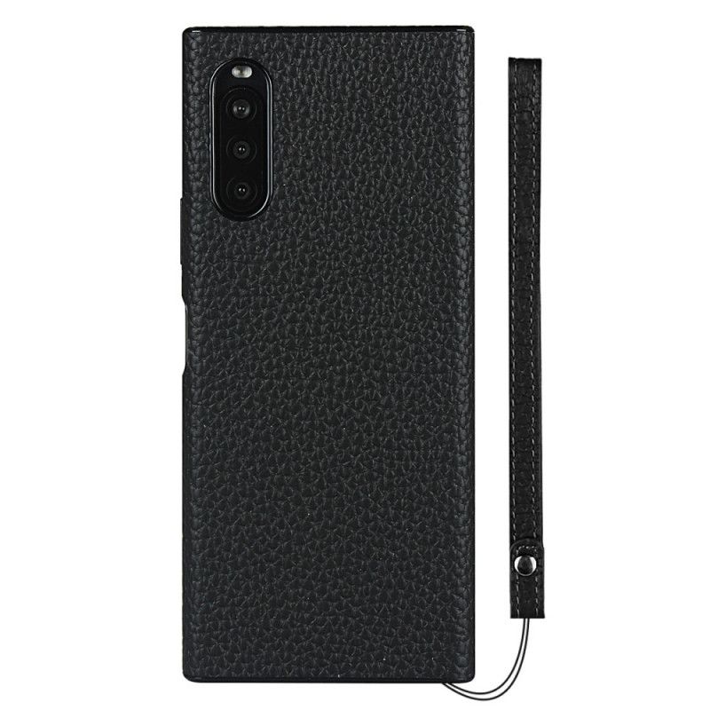 Cover Sony Xperia 10 II Sort Ægte Lycheskind Med Rem