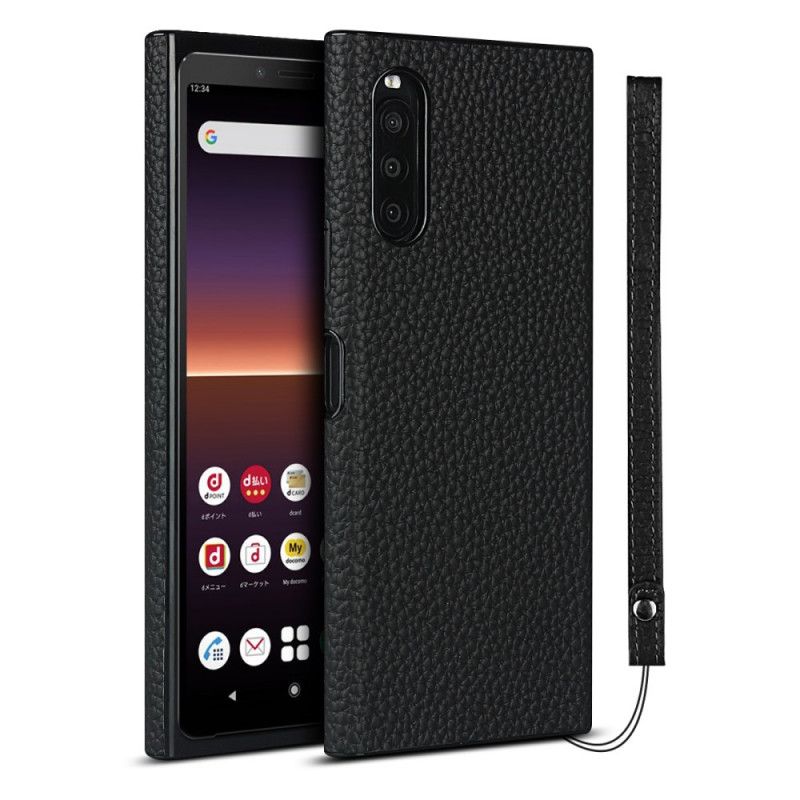 Cover Sony Xperia 10 II Sort Ægte Lycheskind Med Rem