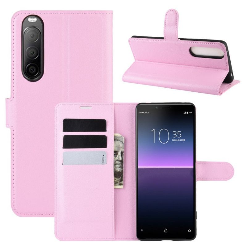 Flip Cover Læder for Sony Xperia 10 II Sort Lychee Imiteret Læder