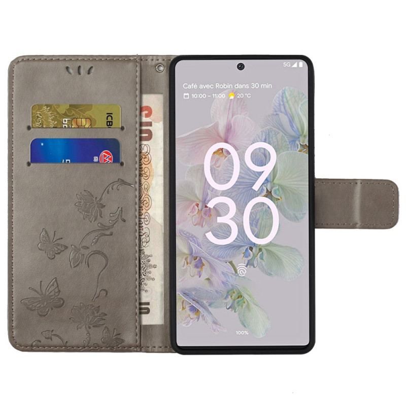 Flip Cover Google Pixel 6A Med Snor Blomster Og Sommerfugle Med Rem