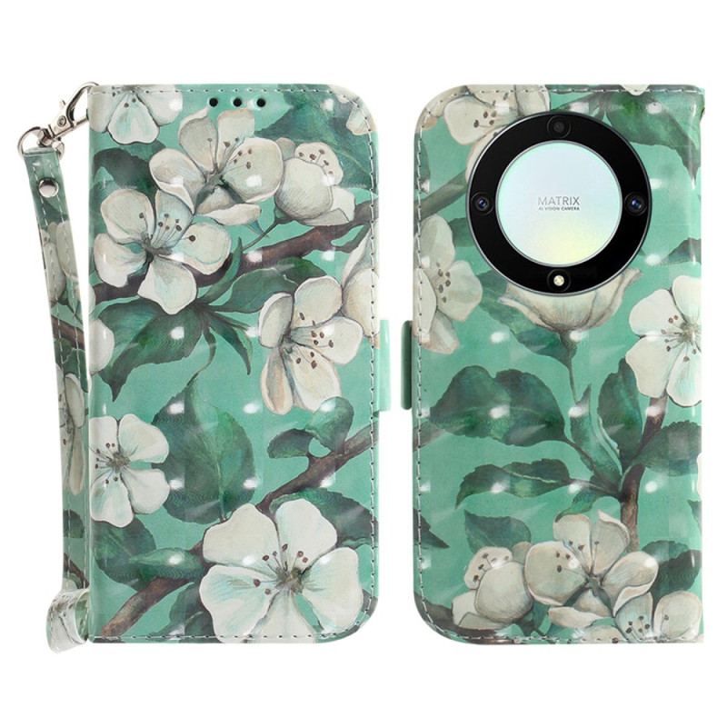 Flip Cover Honor Magic 5 Lite Med Snor Strappy Hvide Blomster