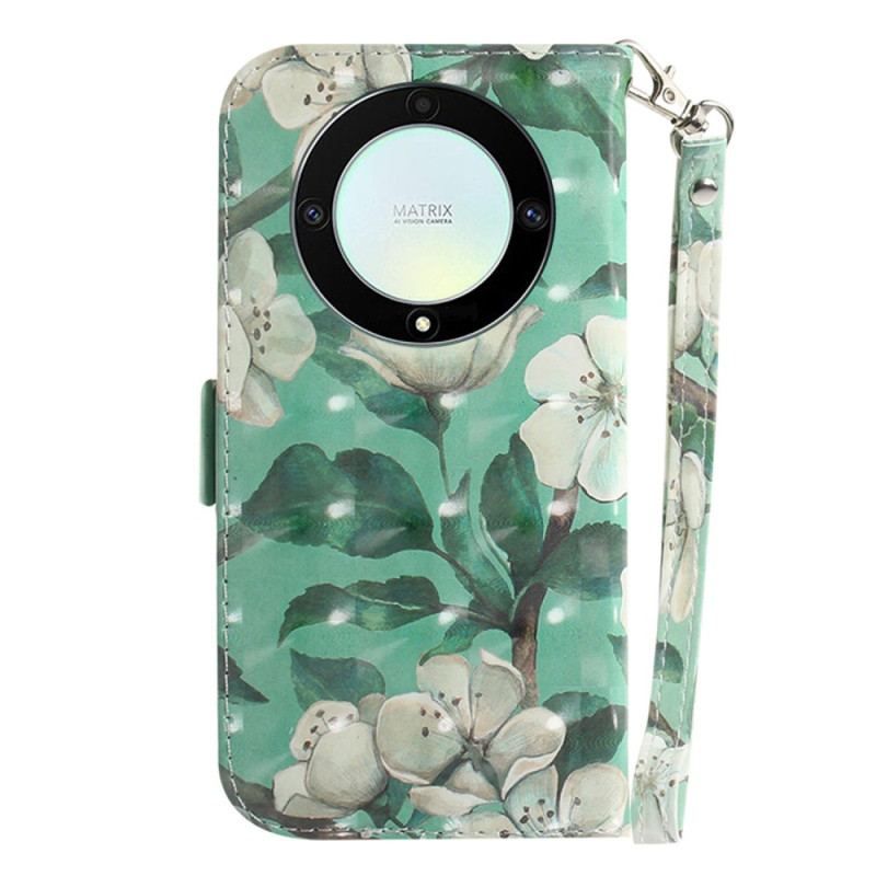 Flip Cover Honor Magic 5 Lite Med Snor Strappy Hvide Blomster