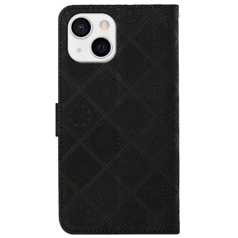 Flip Cover iPhone 14 Med Snor Rem Tapestry Mønster