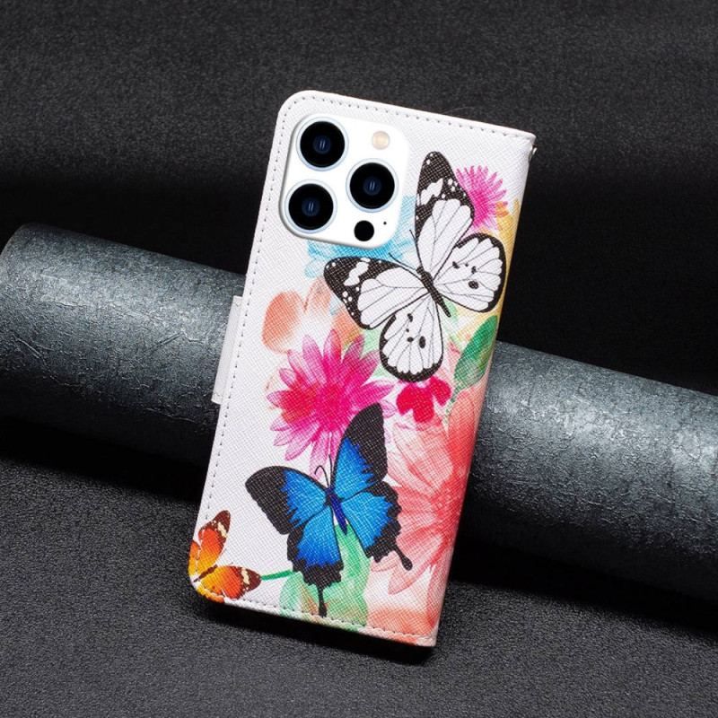 Flip Cover iPhone 14 Pro Akvarel Sommerfugle