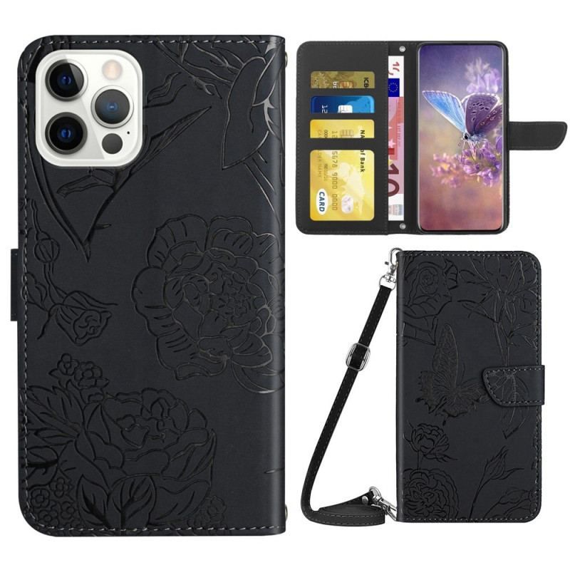 Flip Cover iPhone 14 Pro Sommerfugle Og Skulderrem