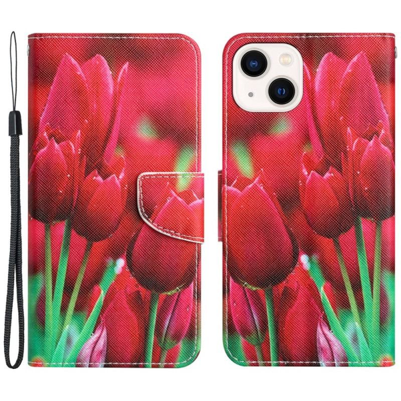 Flip Cover iPhone 15 Med Snor Blomstervariation Med Rem