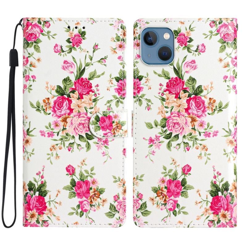 Flip Cover iPhone 15 Med Snor Frihedsblomster Med Rem