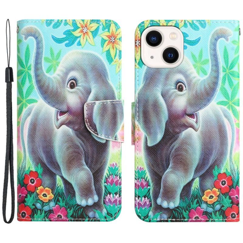 Flip Cover iPhone 15 Med Snor Nøglebånd Elephant Walk