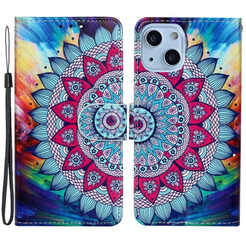 Flip Cover iPhone 15 Med Snor Prangende Mandala Med Rem