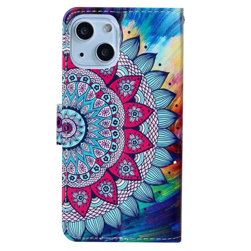 Flip Cover iPhone 15 Med Snor Prangende Mandala Med Rem