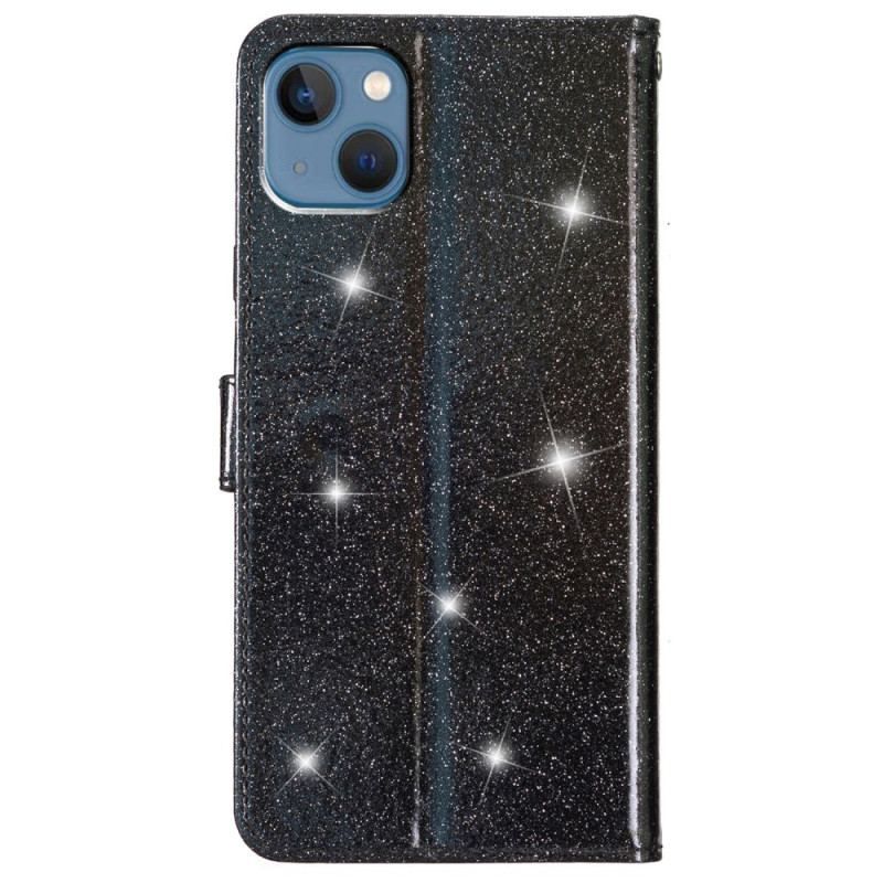 Flip Cover iPhone 15 Plus Med Snor Glittereffekt Med Rem