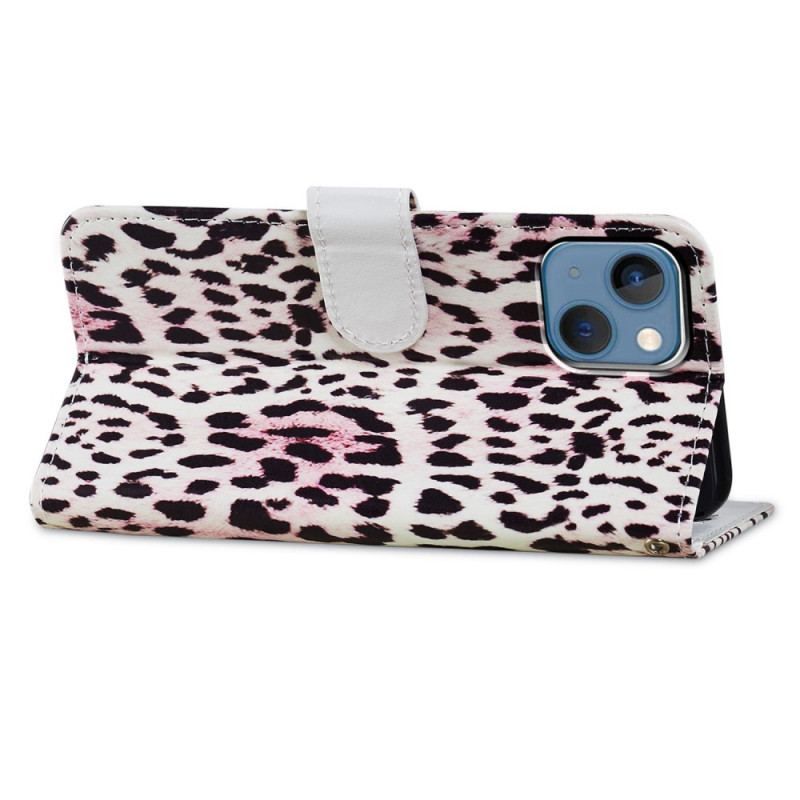 Flip Cover iPhone 15 Plus Med Snor Leopardskindeffekt Med Rem