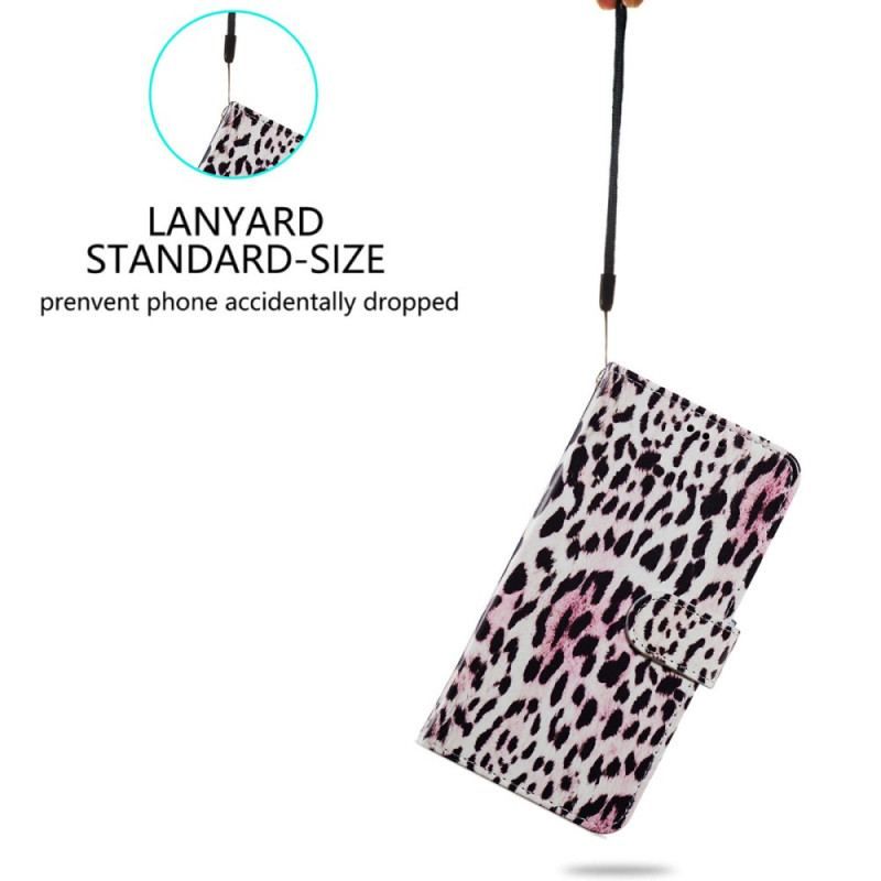 Flip Cover iPhone 15 Plus Med Snor Leopardskindeffekt Med Rem