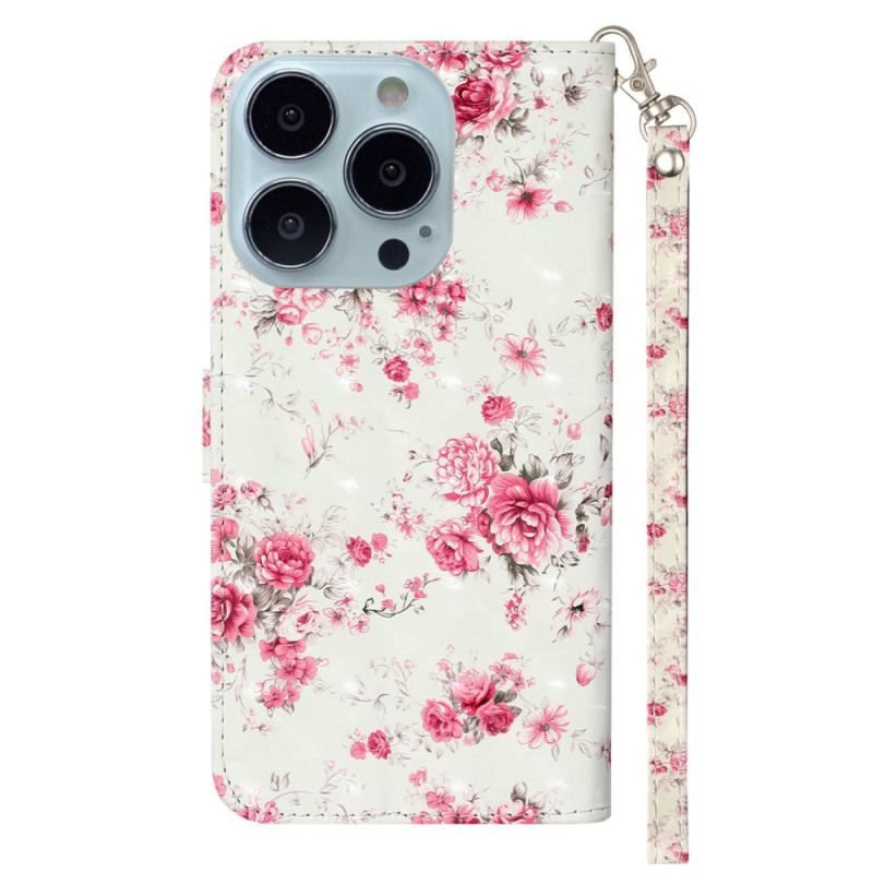 Flip Cover iPhone 15 Pro Med Snor 3d Blomster Med Rem