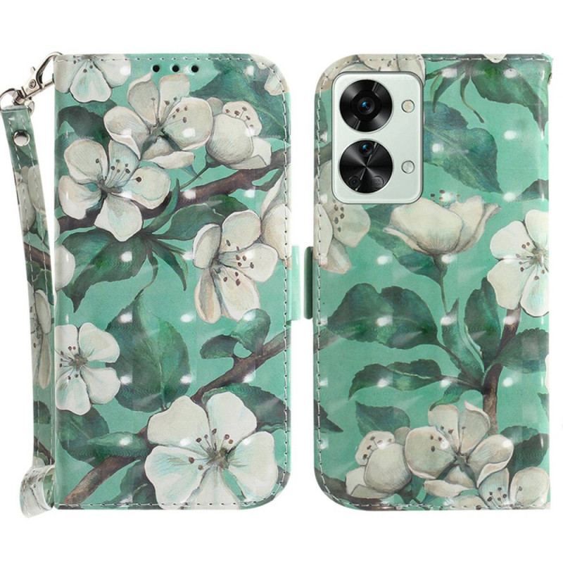 Flip Cover OnePlus Nord 2T 5G Med Snor Strappy Hvide Blomster