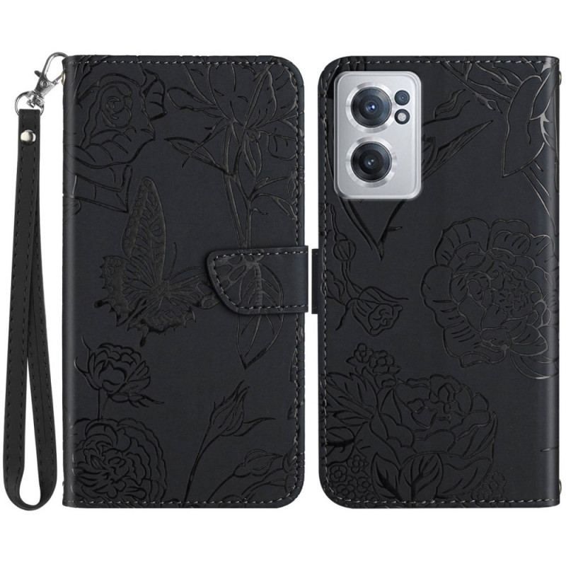 Flip Cover OnePlus Nord CE 2 5G Med Snor Sommerfugle Og Blomsterrem