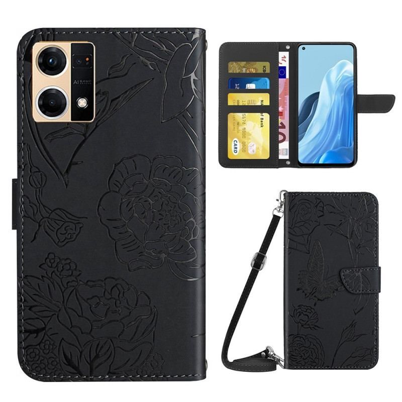 Flip Cover Oppo Reno 7 Sommerfugle Og Skulderrem