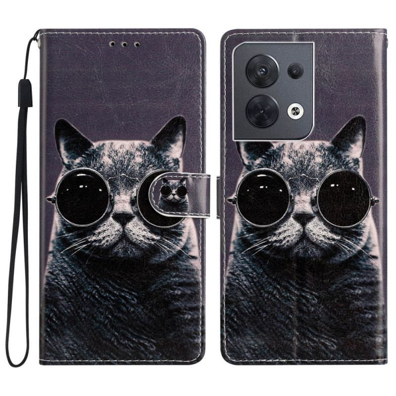 Flip Cover Oppo Reno 8 Med Snor Cat Strappy Briller